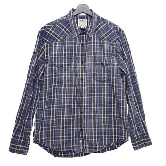Lucky Brand True Indigo Plaid Shirt Blue White Western Classic Fit Men's Large - Picture 1 of 13